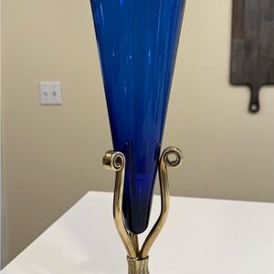 Elegant Blue Glass Vase with Gold Stand